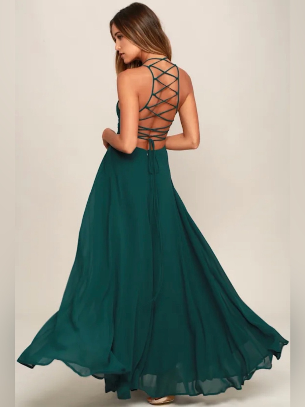 Lulus Women’s Small Strappy To Be Here Forest Green Lace-Up Maxi Dress S 43331-L